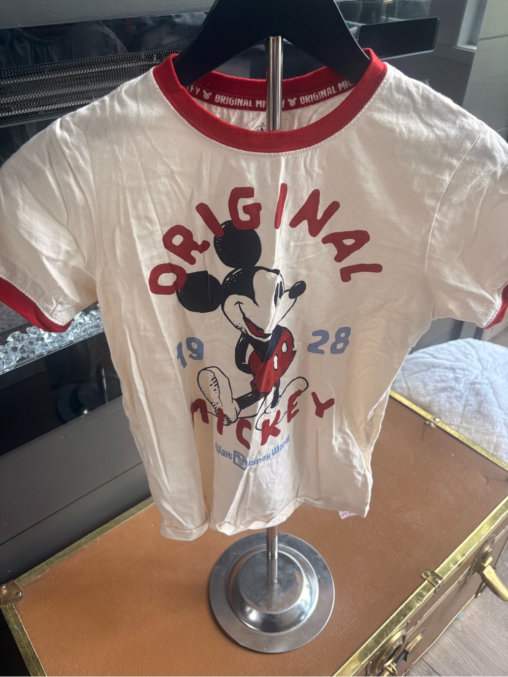 Disney White Tee with Red Trim and Retro Mickey Graphic